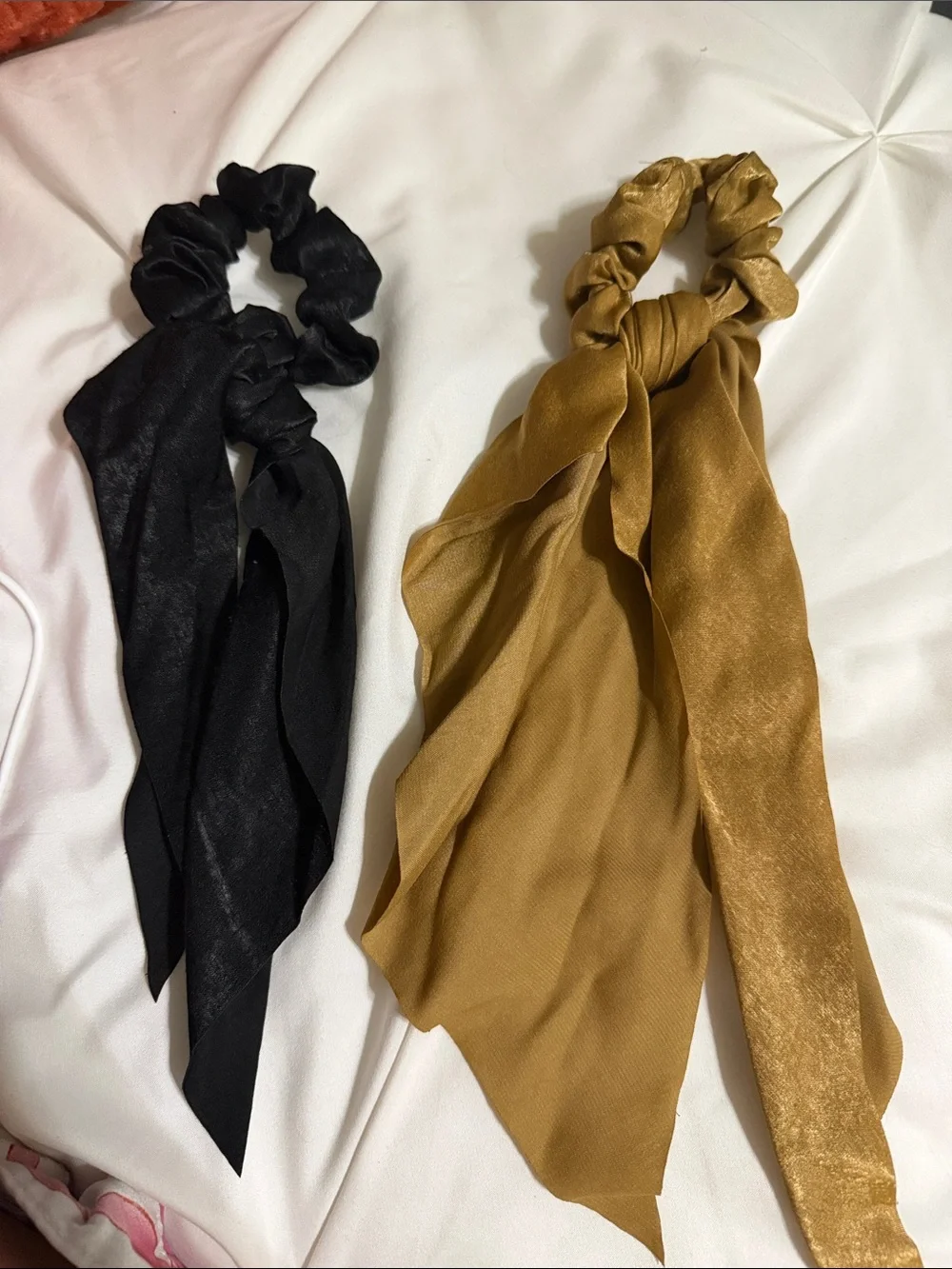 Black and Golden Brown Satin Scarf Scrunchie Set - Women Accessories